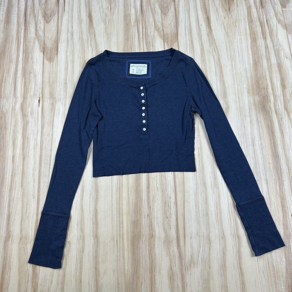 Vintage Y2K Aeropostale Women's Medium Blue Ribbed Baby Tee Long Sleeve Henley